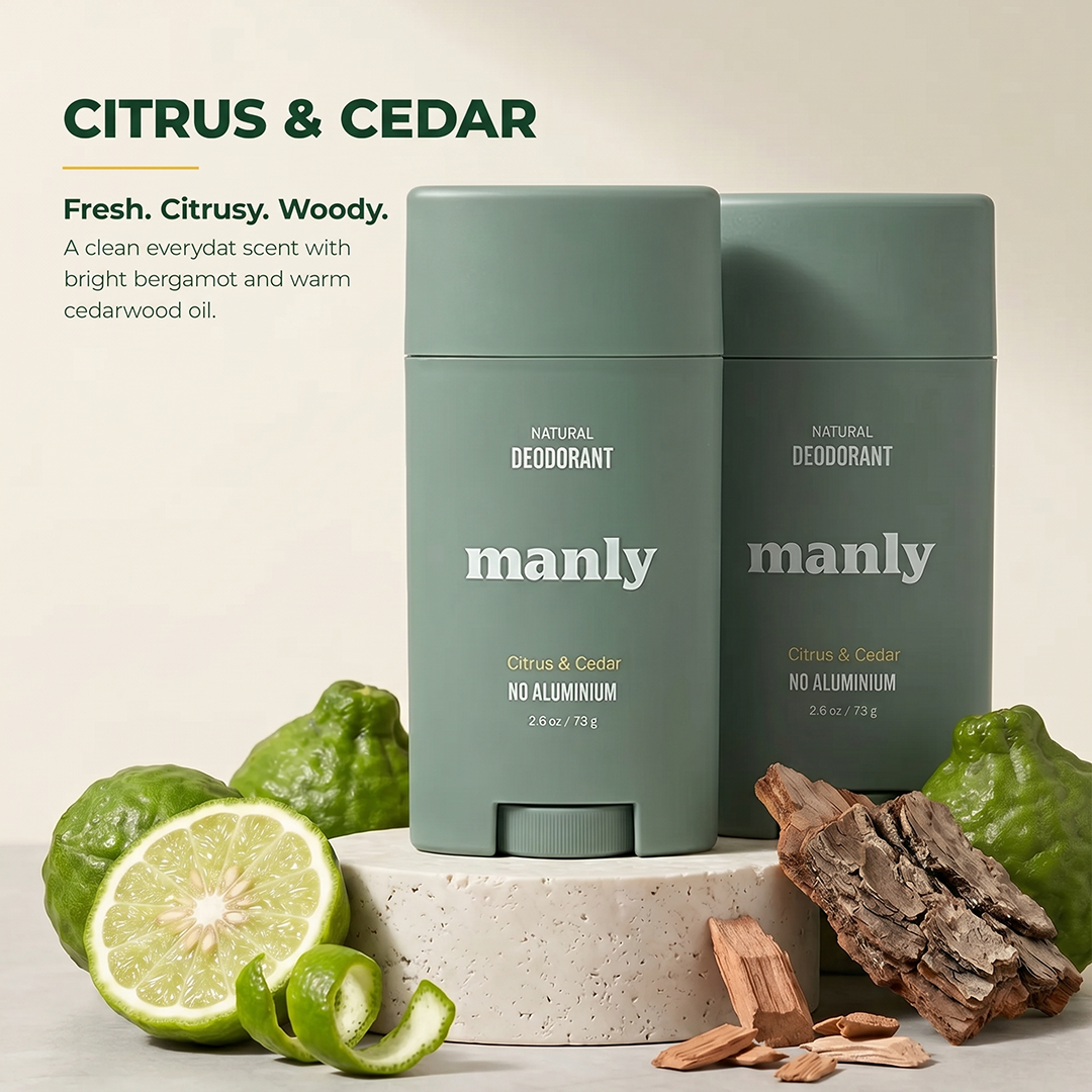 Manly Deodorant Stick, Natural, Aluminum-Free, 24hr Odor Control with Charcoal & Magnesium, Made For Teens - Citrus & Cedar (2.65oz 2 Pack)