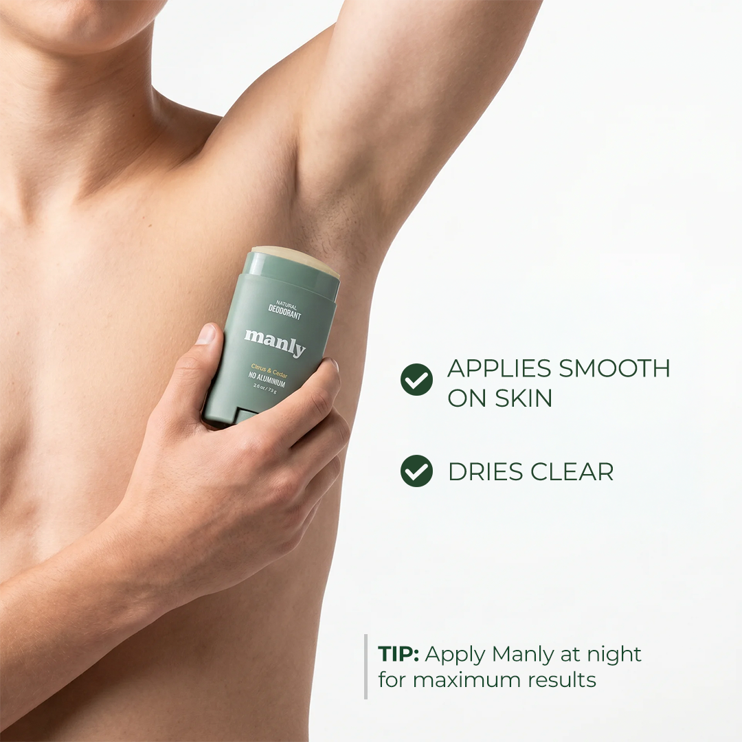 Manly Deodorant Stick, Natural, Aluminum-Free, 24hr Odor Control with Charcoal & Magnesium, Made For Teens - Citrus & Cedar (2.65oz 2 Pack)