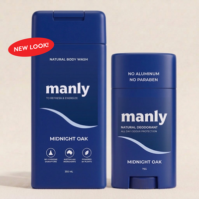 Manly natural body wash and deodorant in Midnight Oak scent